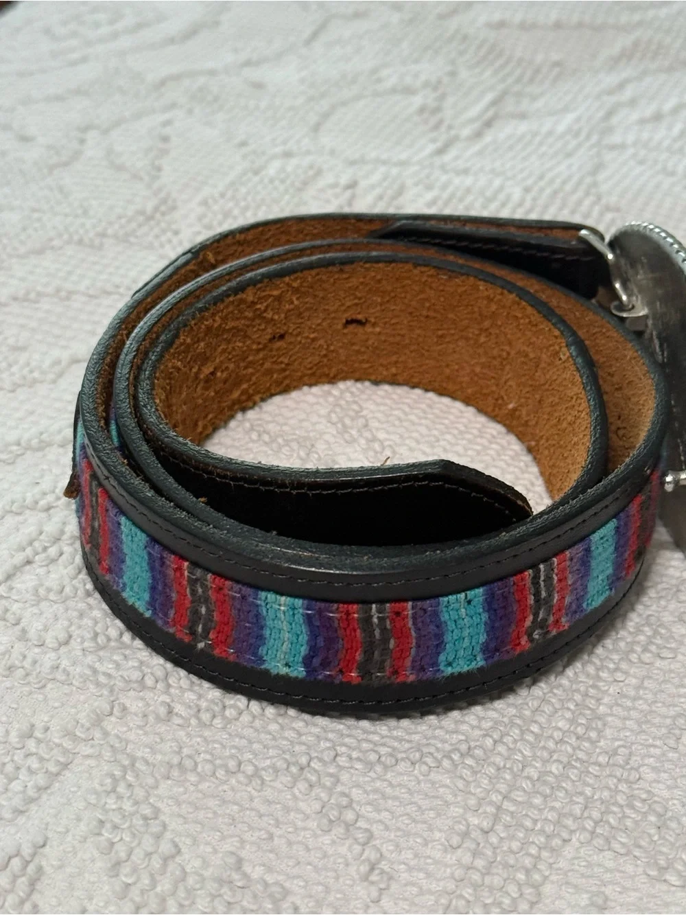 Western Top Grain Bridle Leather Belt Fleur De Lis Rhinestone Buckle Black 34